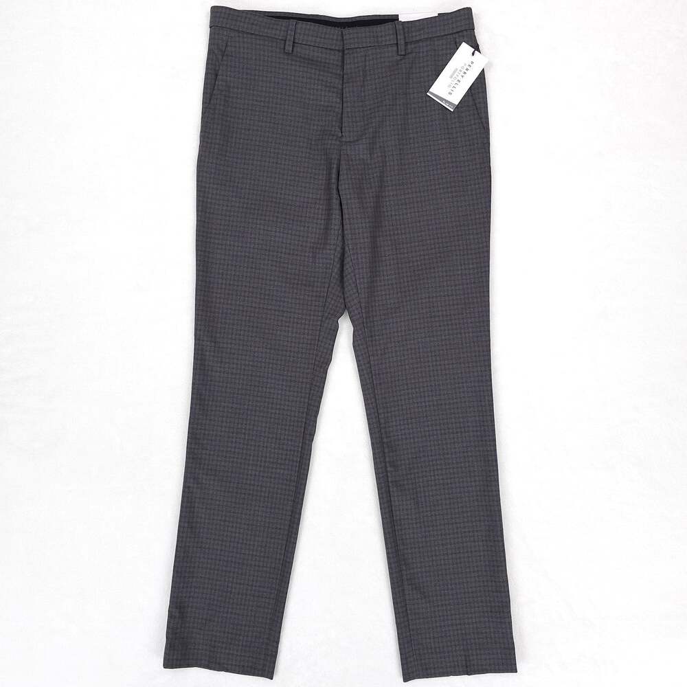 Perry Ellis Mens Slim Fit Dress Pants 30x32 Charcoal Grey Blue Check Stretch NWT